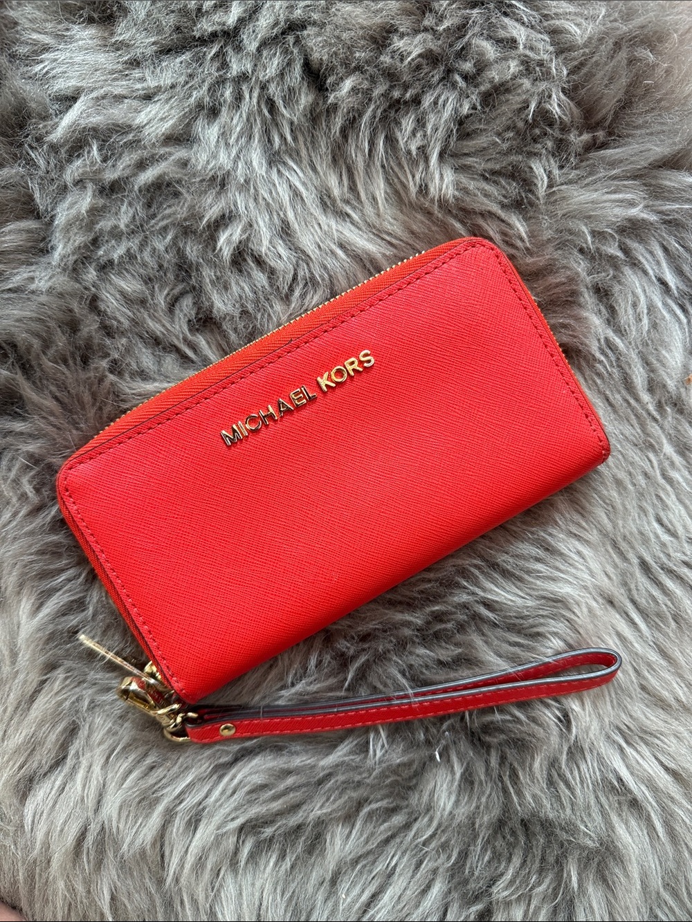 Michael Kors Coral-Red Zip Wristlet with Gold Hardware